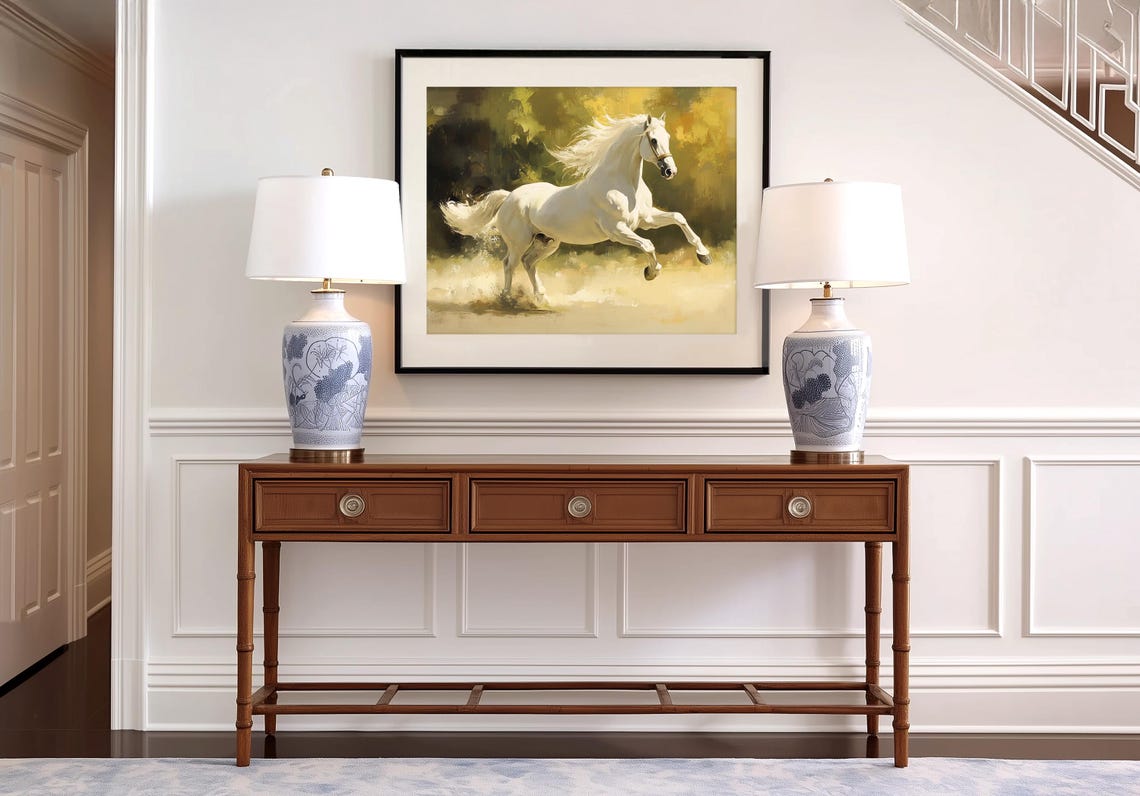 White Stallion Galloping Through Golden Autumn Woods Equine Poster - Image 4