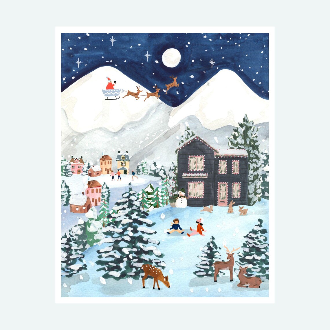 Christmas Village Art Print, Festive Winter Scene