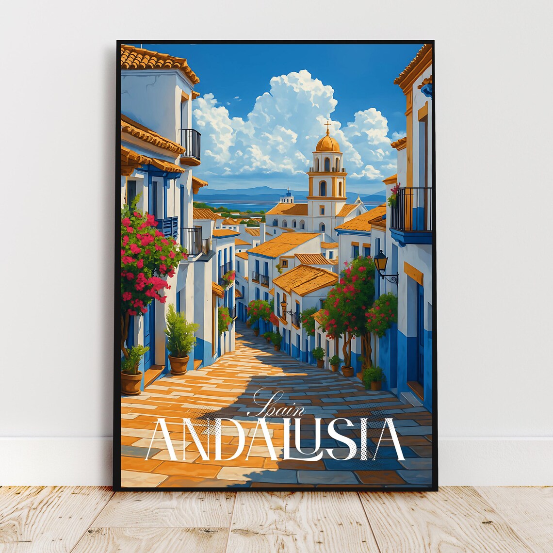 Andalusia Spain Whitewashed Village Church Street Travel Art Poster
