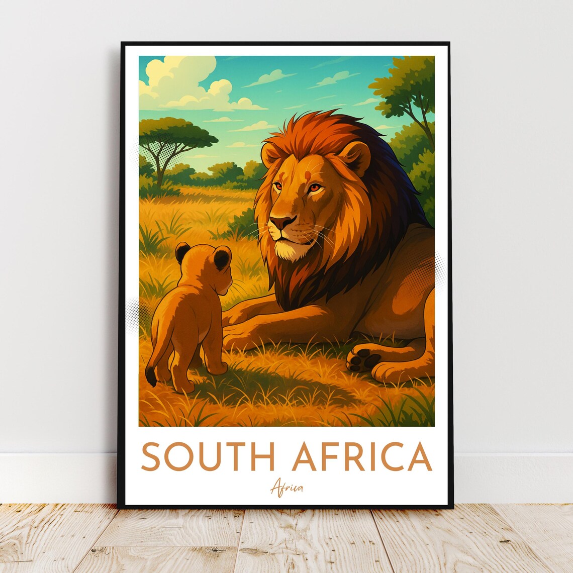 South Africa Lion And Cub Golden Savanna Wildlife Travel Poster
