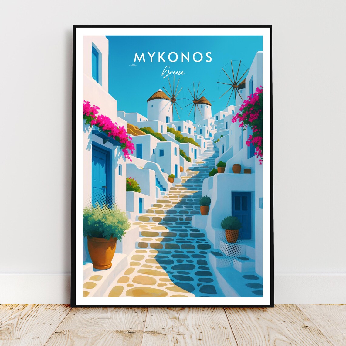 Mykonos Greece Windmills White Village Blue Doors Aegean Travel Poster