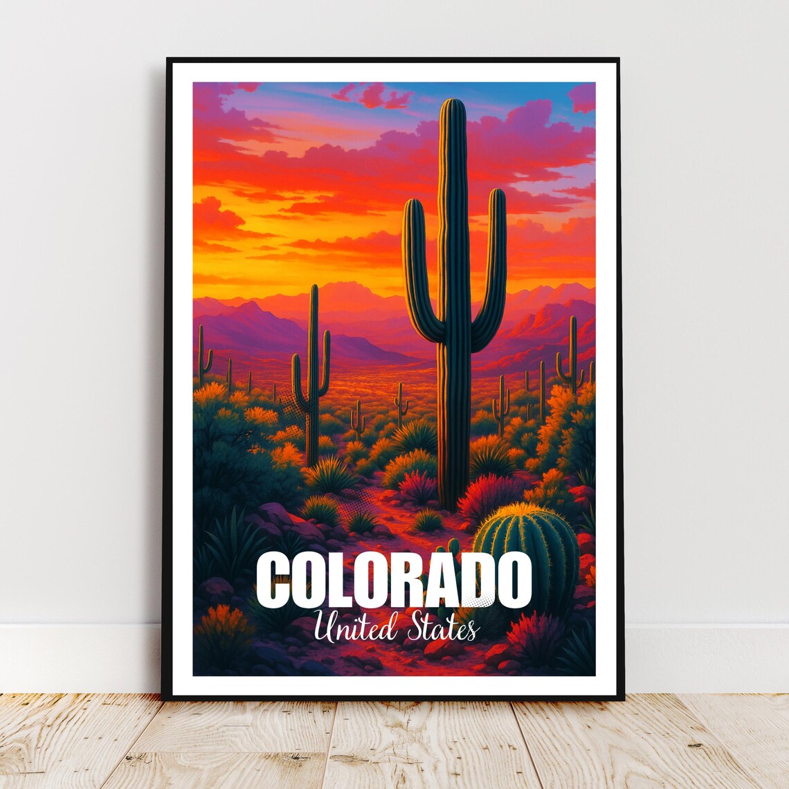 Colorado United States Desert Sunset Saguaro Cactus Colorful Travel Poster