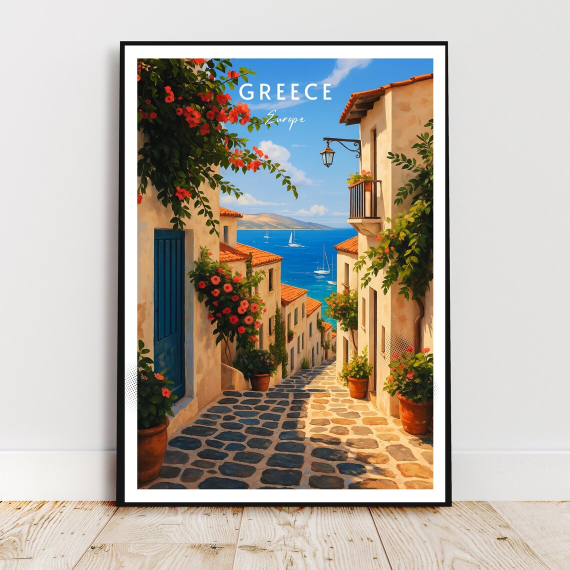 Greece Mediterranean Village Street Vintage Style Travel Poster