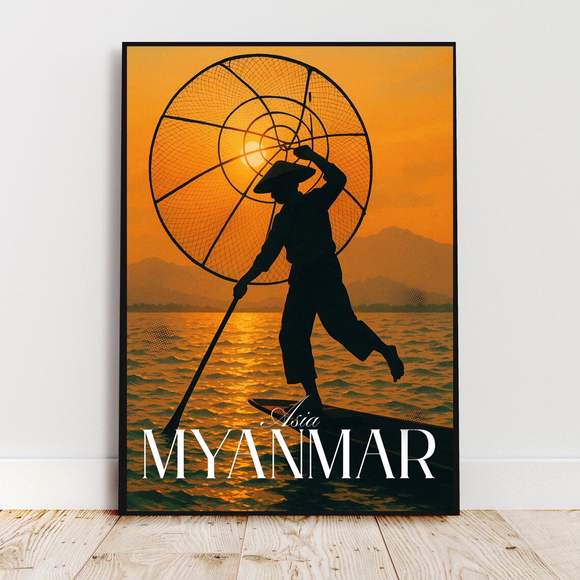 Myanmar Asia Fisherman with Conical Net at Golden Sunset Travel Poster