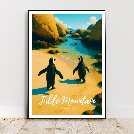 Table Mountain National Park Penguins Beach Travel Poster Art