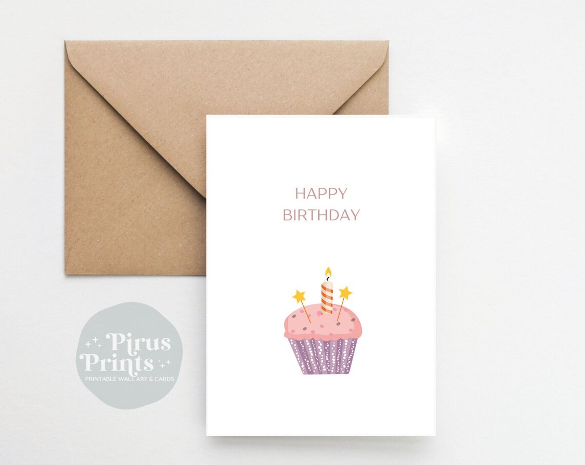 Cupcake Birthday Card, Minimal Greeting Card