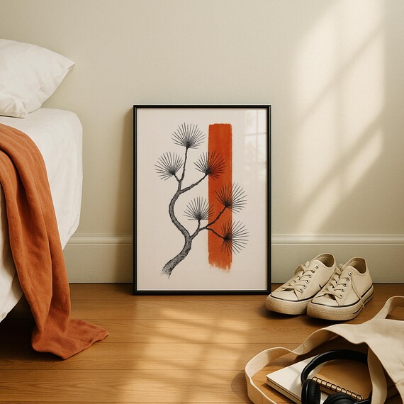 Minimalist Pine Tree Line Art Terracotta Stripe Japandi Poster