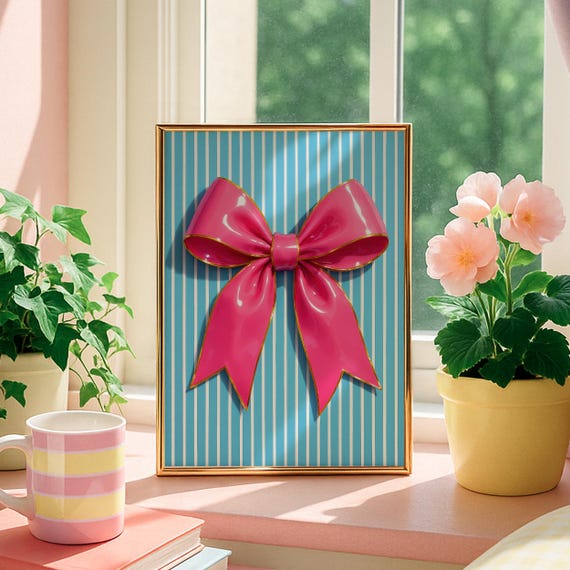 Pink Bow Print For Teen Girl Bedroom Blue Preppy Prints Dopaime Decor Coquette Wall Art College Apartment