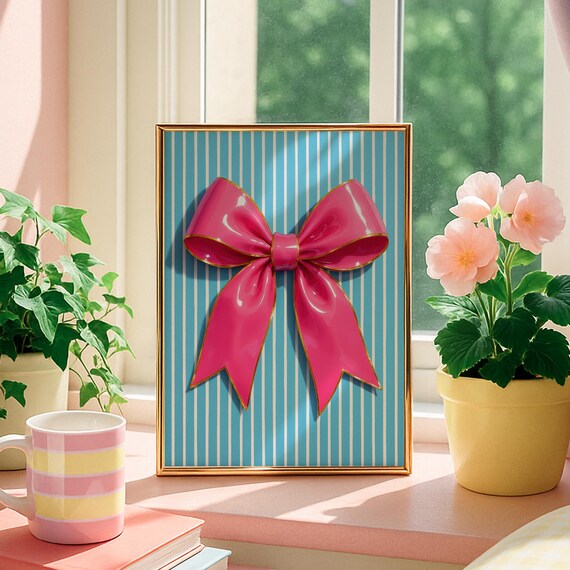 Pink Glossy Bow Blue Striped Background Preppy Room Decor Poster