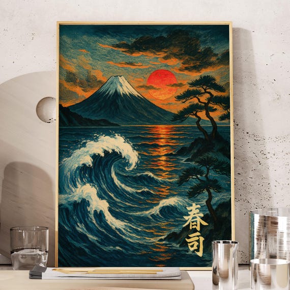 Japanese Wave And Fuji Mountain Wall Art Red Sun Print Landscape Wabi Sabi Traditional