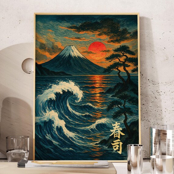 Mount Fuji At Sunset With Red Sun And Ocean Waves Vintage Japanese Woodblock Poster