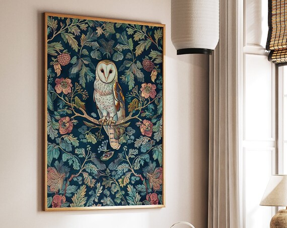 Barn Owl Perched William Morris Style Floral Jungle Art Poster