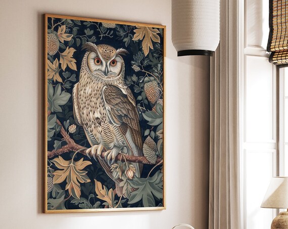 Owl Botanical Art Print in William Morris Style Vintage Floral