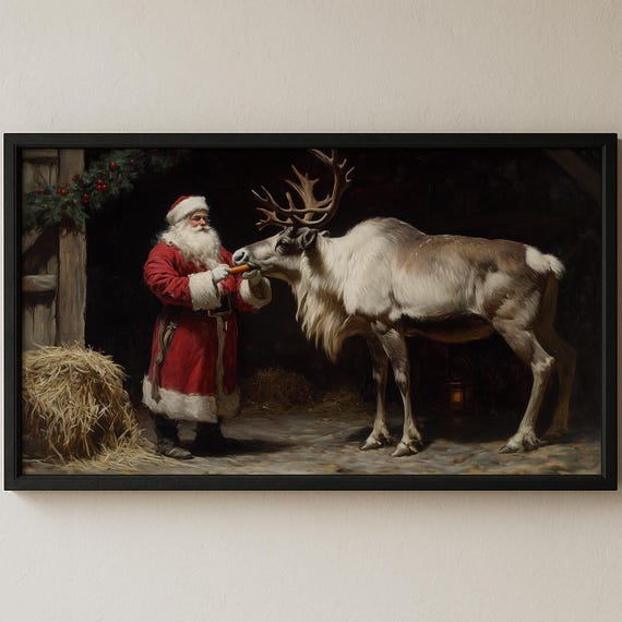 Vintage Santa Claus Feeding Reindeer Barn Cozy Christmas Art Poster