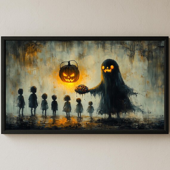 Spooky Halloween Ghost With Candy Children Pumpkin Night Wall Art