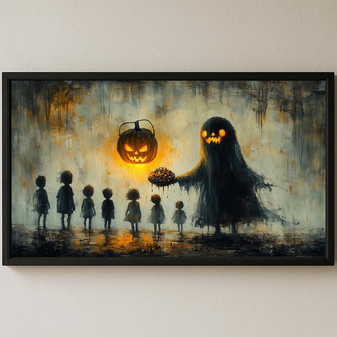 Spooky Halloween Ghost With Candy Children Pumpkin Night Wall Art