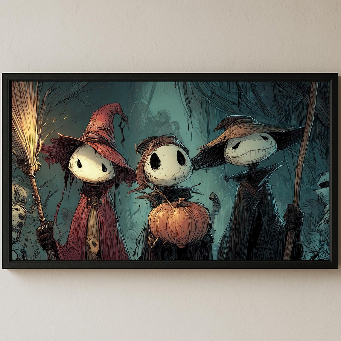 Spooky Trio Skeleton Characters Dark Forest Halloween Art Poster