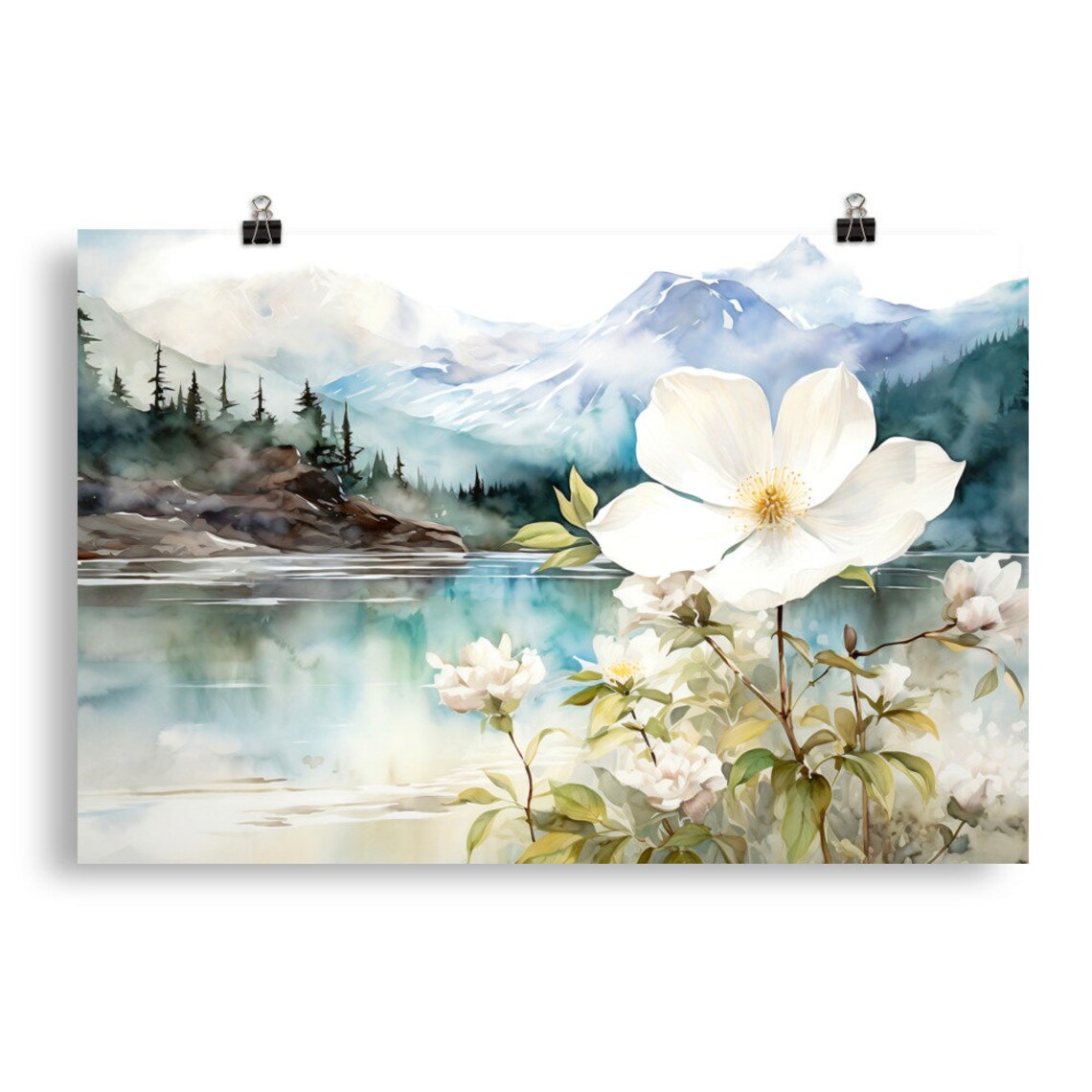 Alaska Mountain Lake Watercolor Wall Art Print - Image 4
