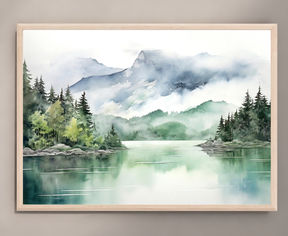 Mountain Lake Watercolor Landscape, Minimalist Art Print - Image 3