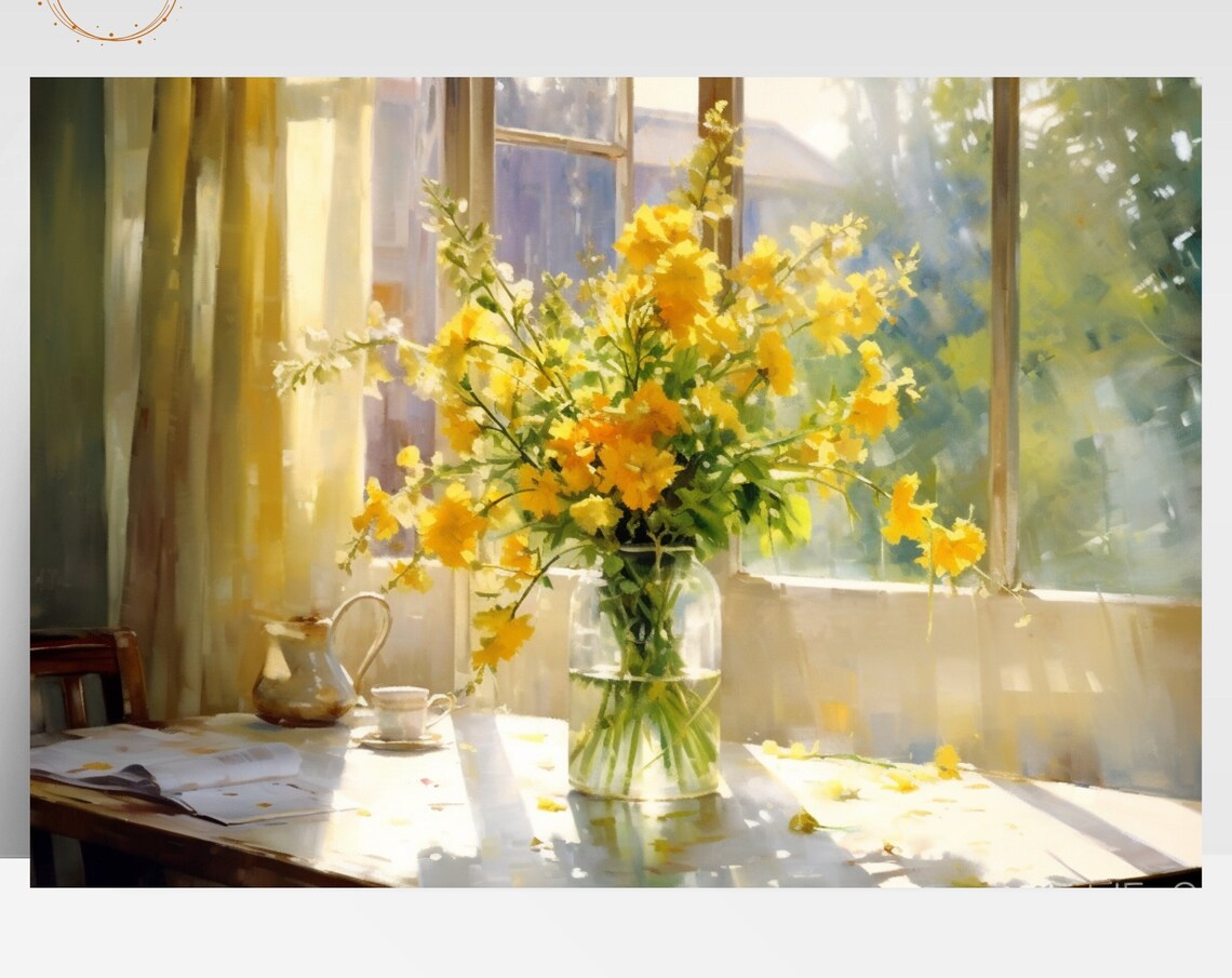 Watercolor Vase of Yellow Flowers, Sunny Window Art Print