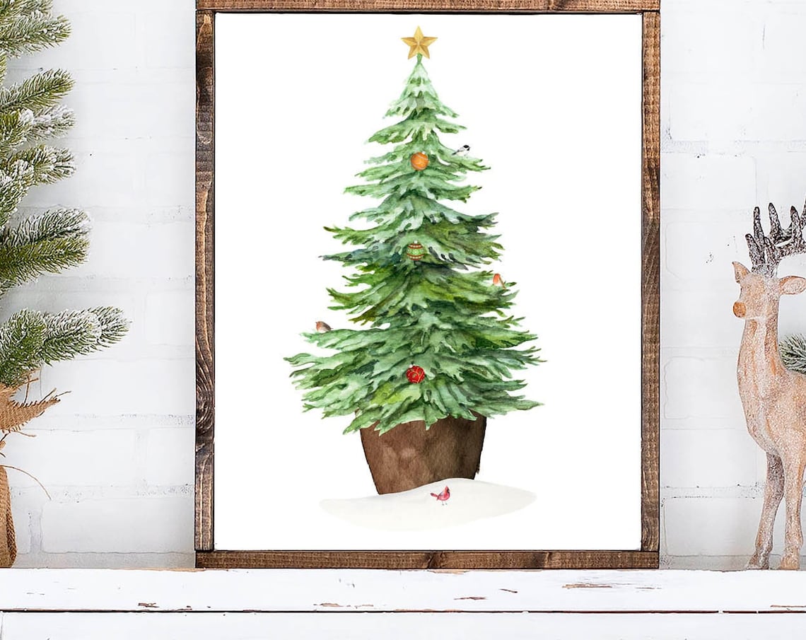 Watercolor Christmas Tree With Gold Star And Cardinal Woodland Poster