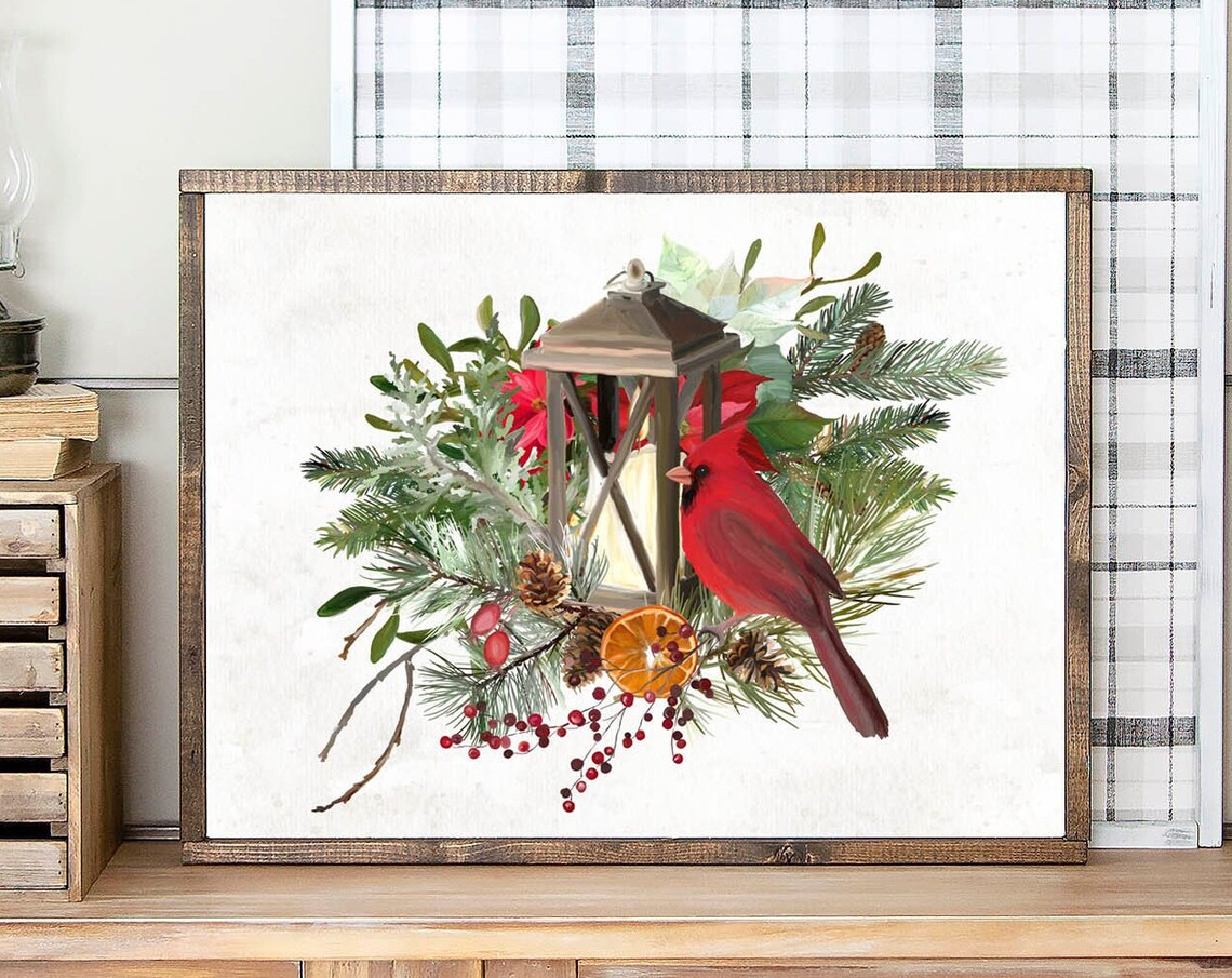 Red Cardinal Lantern Watercolor Christmas Evergreen Berries Poster