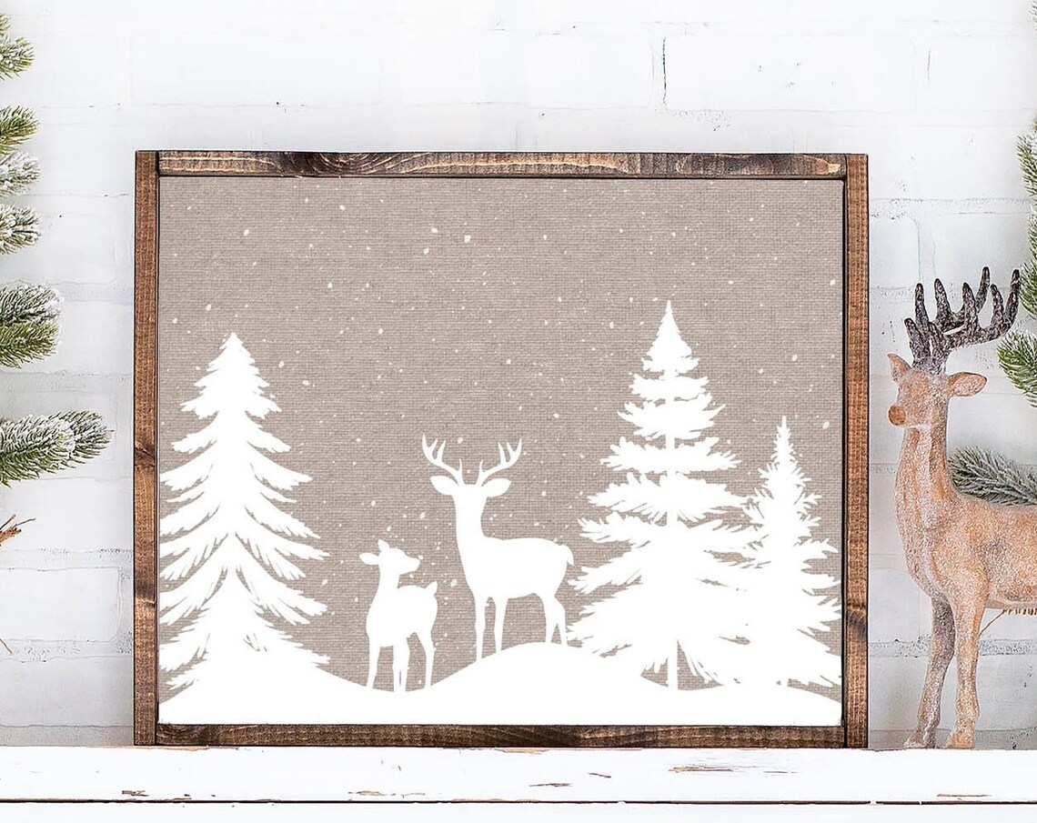 Deer Silhouettes In Snow White On Taupe Winter Woodland Scene Poster