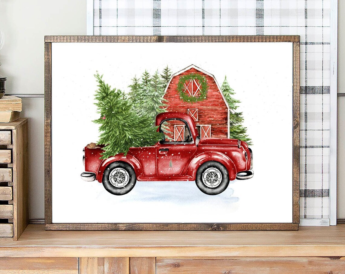 Vintage Red Pickup Truck Christmas Tree Farm Holiday Wall Art - Image 4
