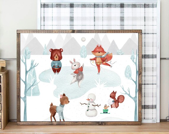 Winter Woodland Animals Ice Skating Watercolor Nursery Forest Poster