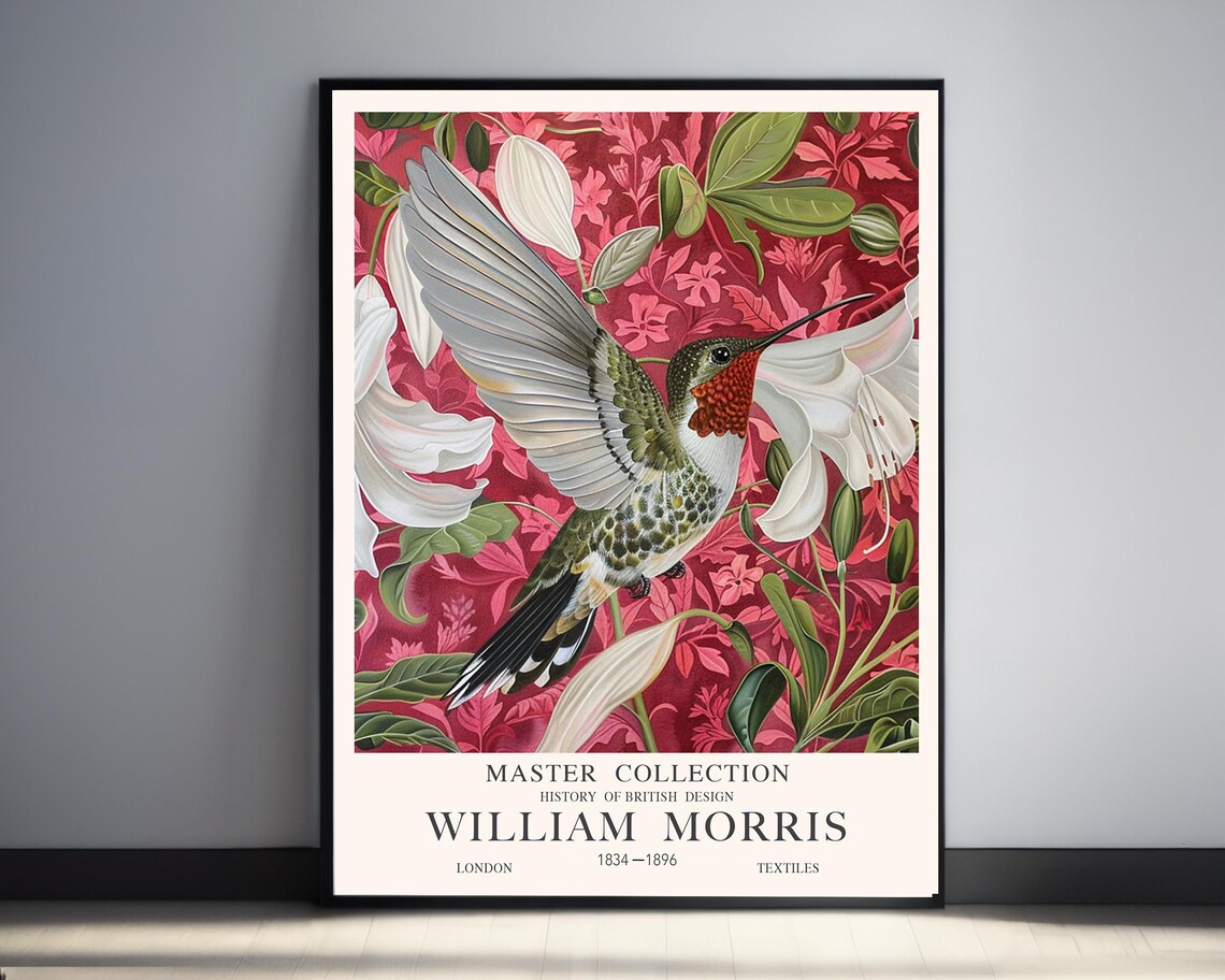 William Morris Hummingbird With White Blooms On Crimson Poster