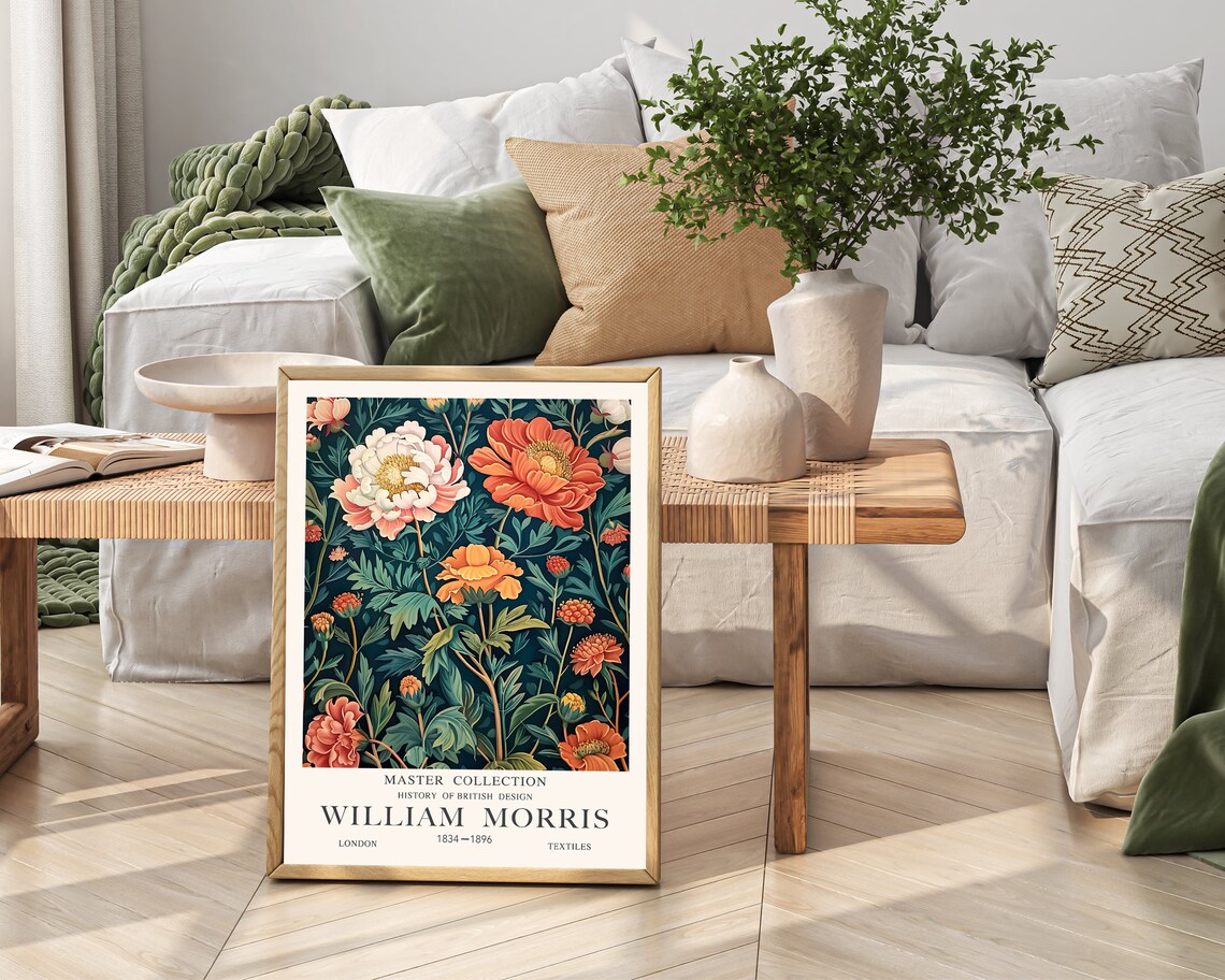 William Morris Coral And Blush Peonies On Dark Teal Floral Poster - Image 2