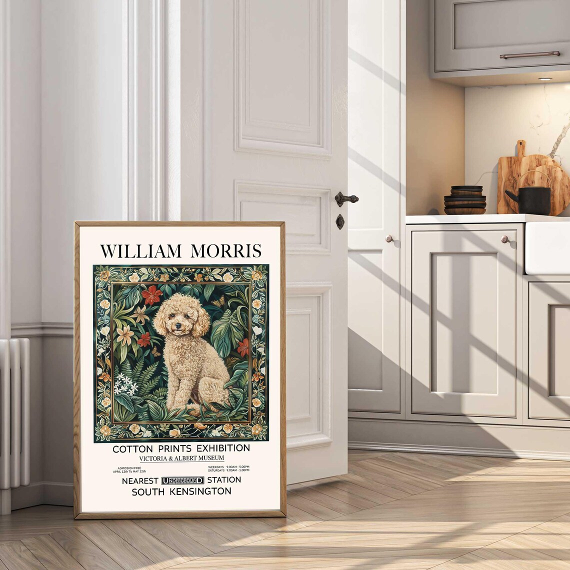 William Morris Cream Poodle Dog Floral Exhibition Vintage Poster - Image 2