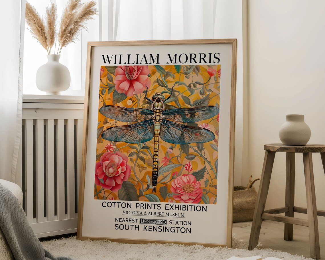 William Morris Blue Dragonfly Golden Floral Exhibition Poster - Image 2