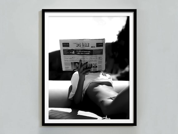 Woman Reading Newspaper, Black And White Vintage Poster