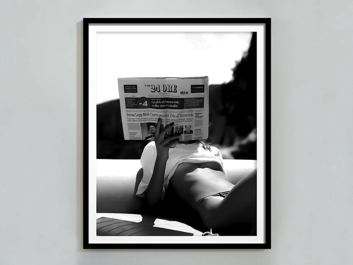 Woman Reading Newspaper, Black And White Vintage Poster
