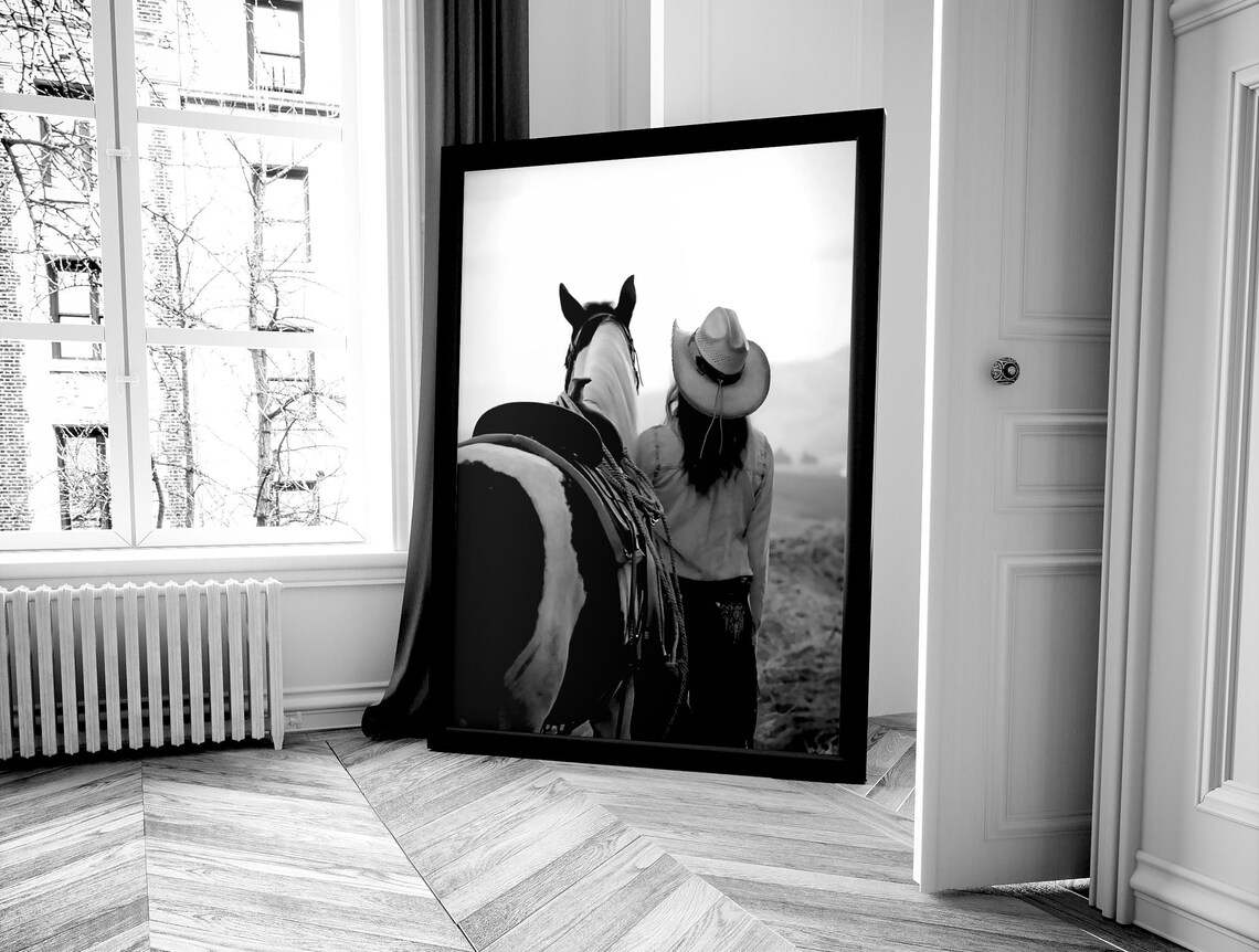 Cowgirl With Horse Mountain Landscape Black And White Art Poster - Image 4