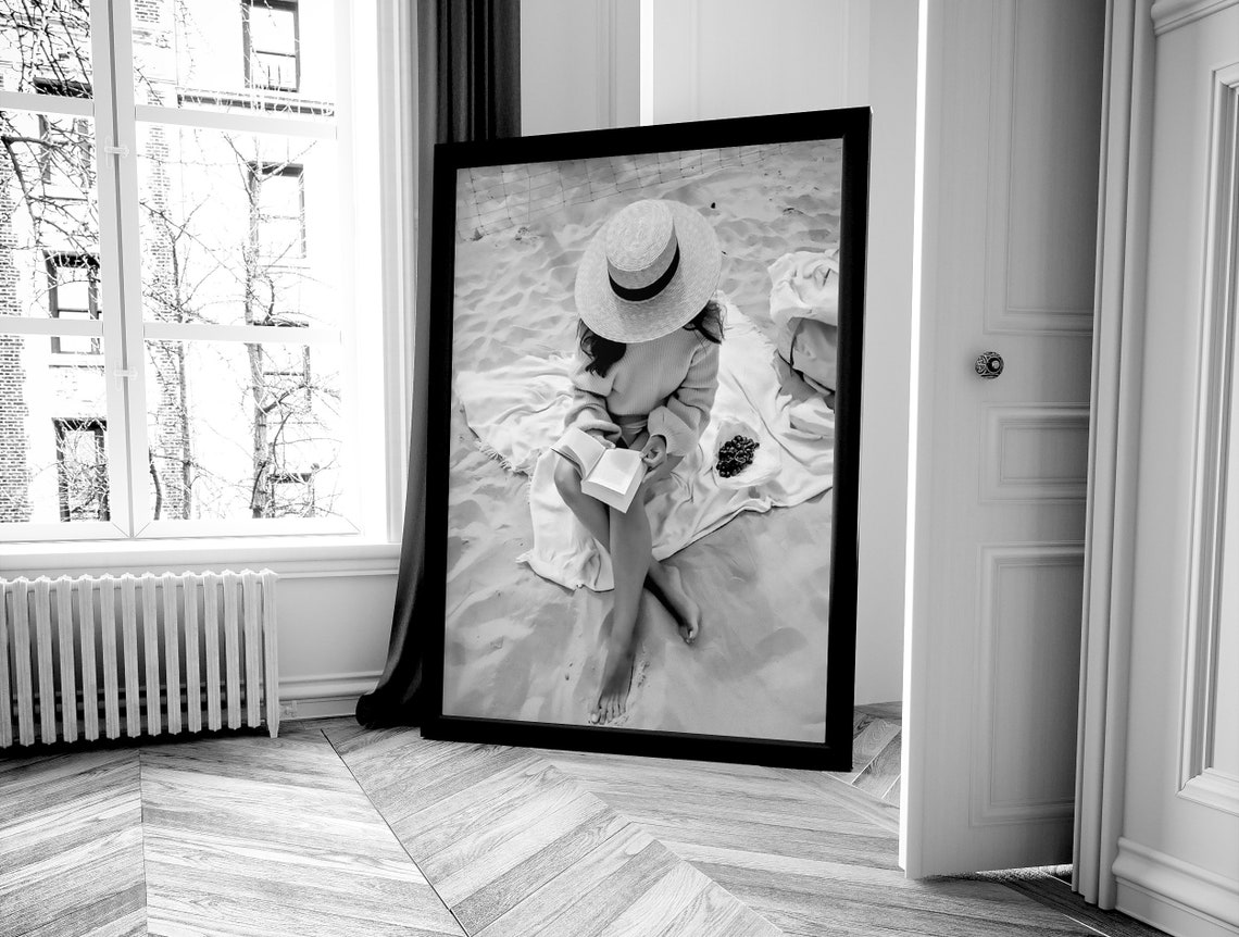 Beach Reading Straw Hat Black White Summer Book Lover Poster - Image 4