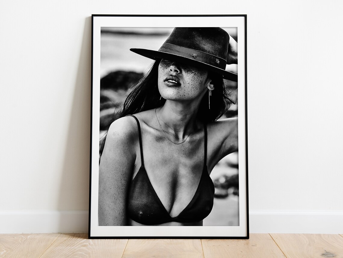 Coastal Cowgirl Hat Freckles Close Up Black And White Beach Poster - Image 3