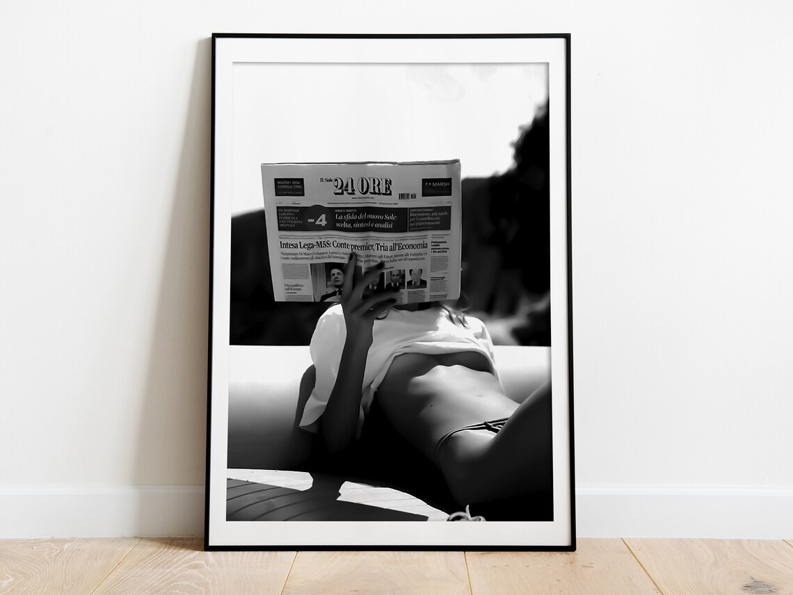 Woman Reading Newspaper, Black And White Vintage Poster - Image 3