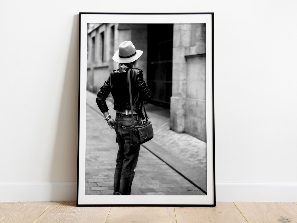 Woman In Hat Leather Jacket Walking European Street Style Poster - Image 4