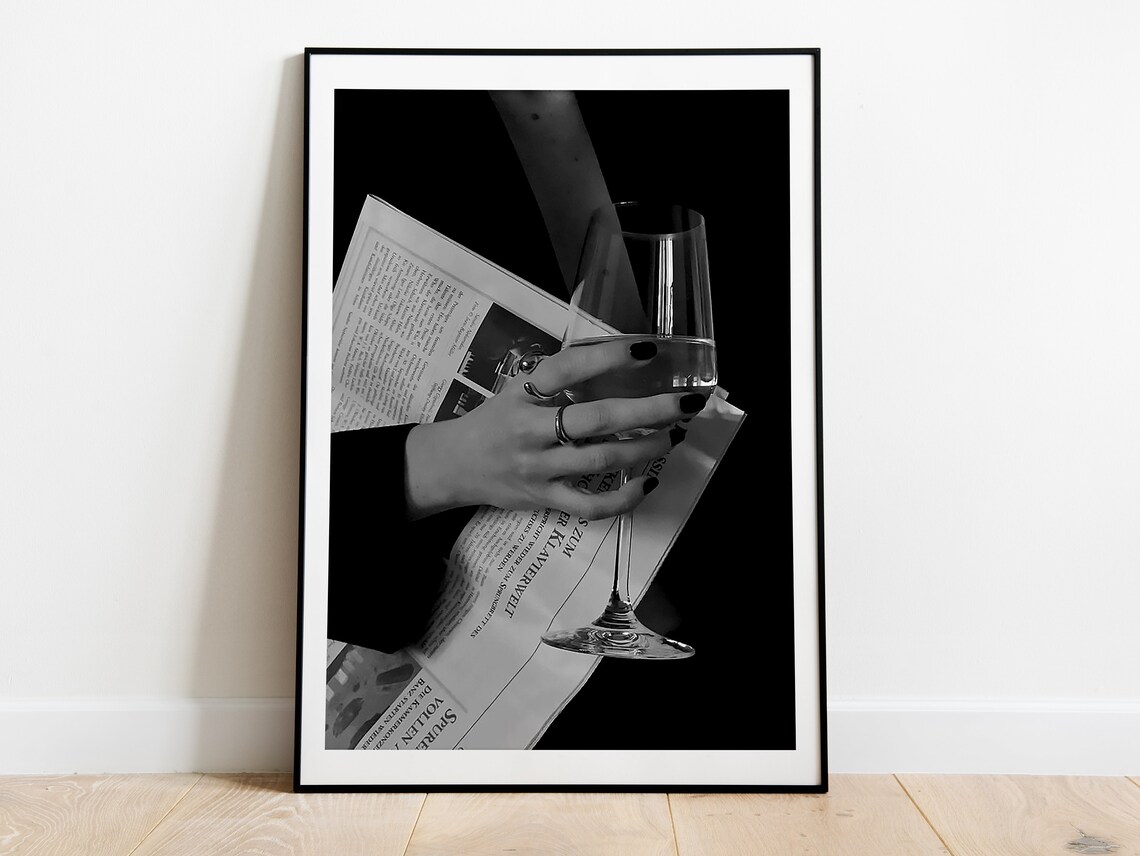 Wine Glass Newspaper Black White Luxury Evening Photo Poster - Image 4