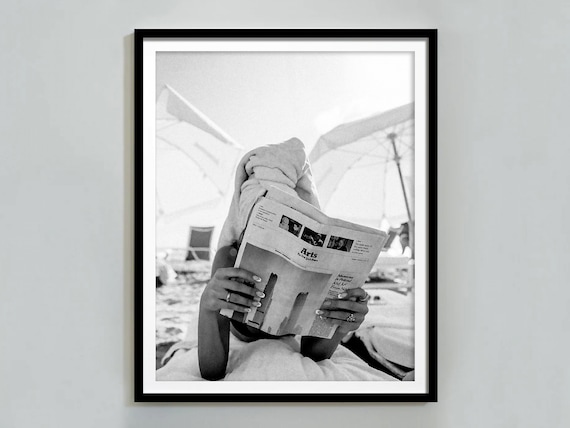 Beach Newspaper Reading Black White Summer Relaxation Poster