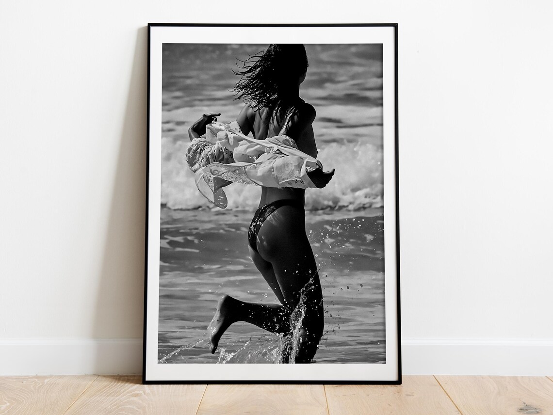Woman Running Beach Waves Black And White Swimsuit Cover Up Poster - Image 3