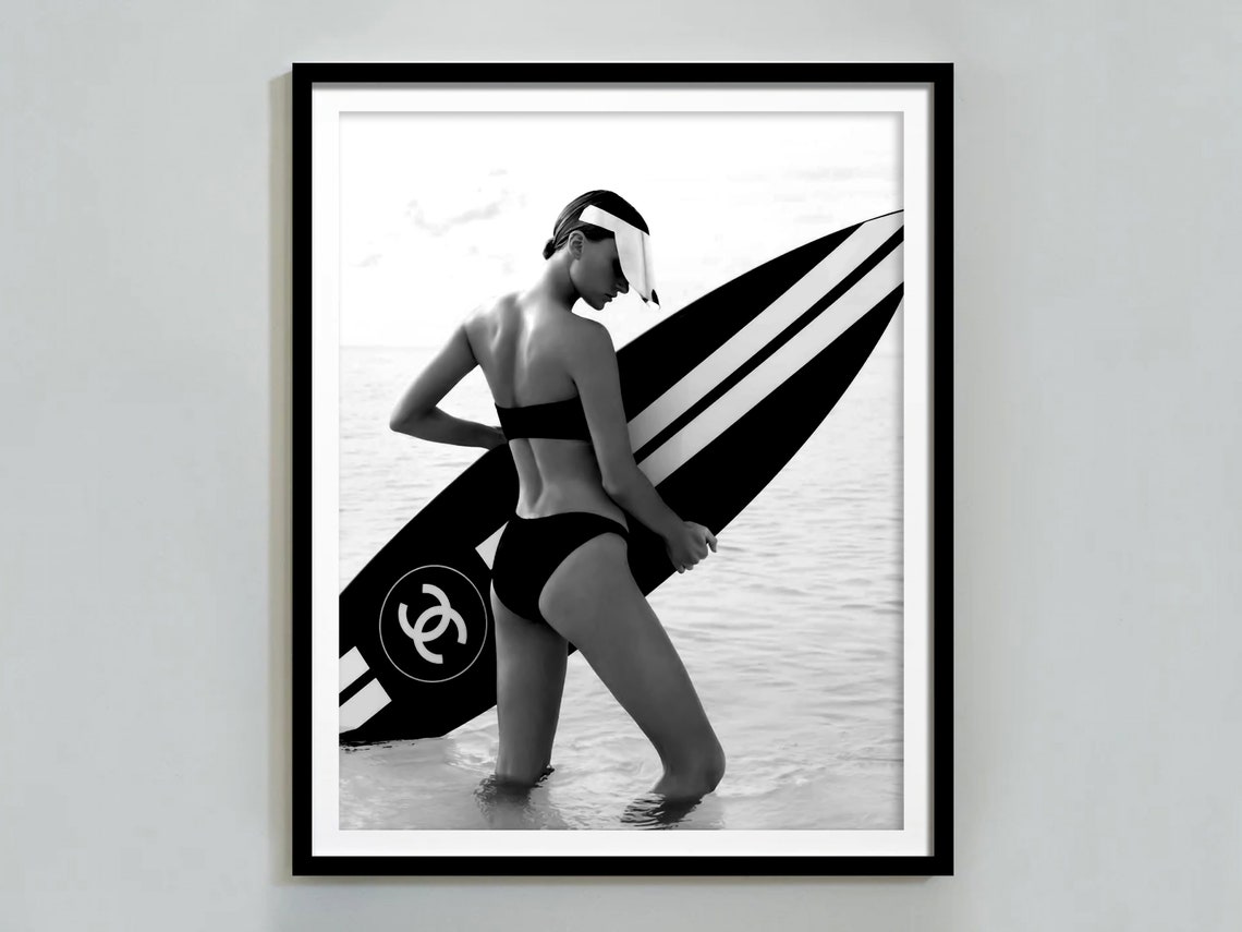 Surfboard Bikini Chanel Logo Black White Beach Fashion Poster