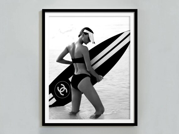 Surfboard Bikini Chanel Logo Black White Beach Fashion Poster