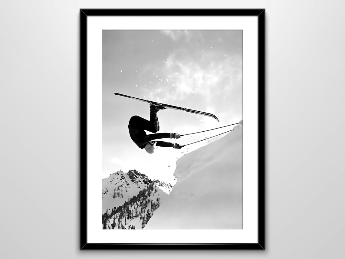 Skier Mid Air Backflip Off Snow Cliff Vintage Black White Action Poster - Image 3