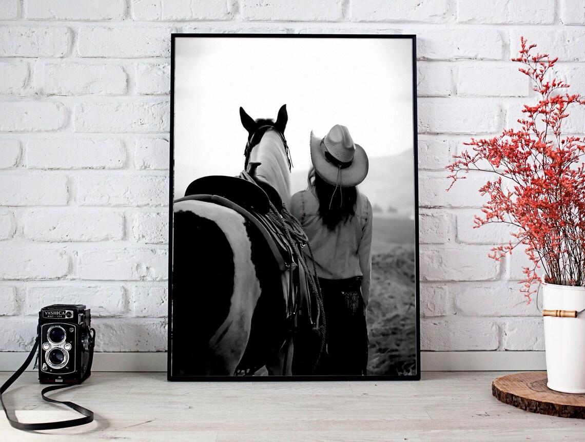 Cowgirl With Horse Mountain Landscape Black And White Art Poster - Image 2