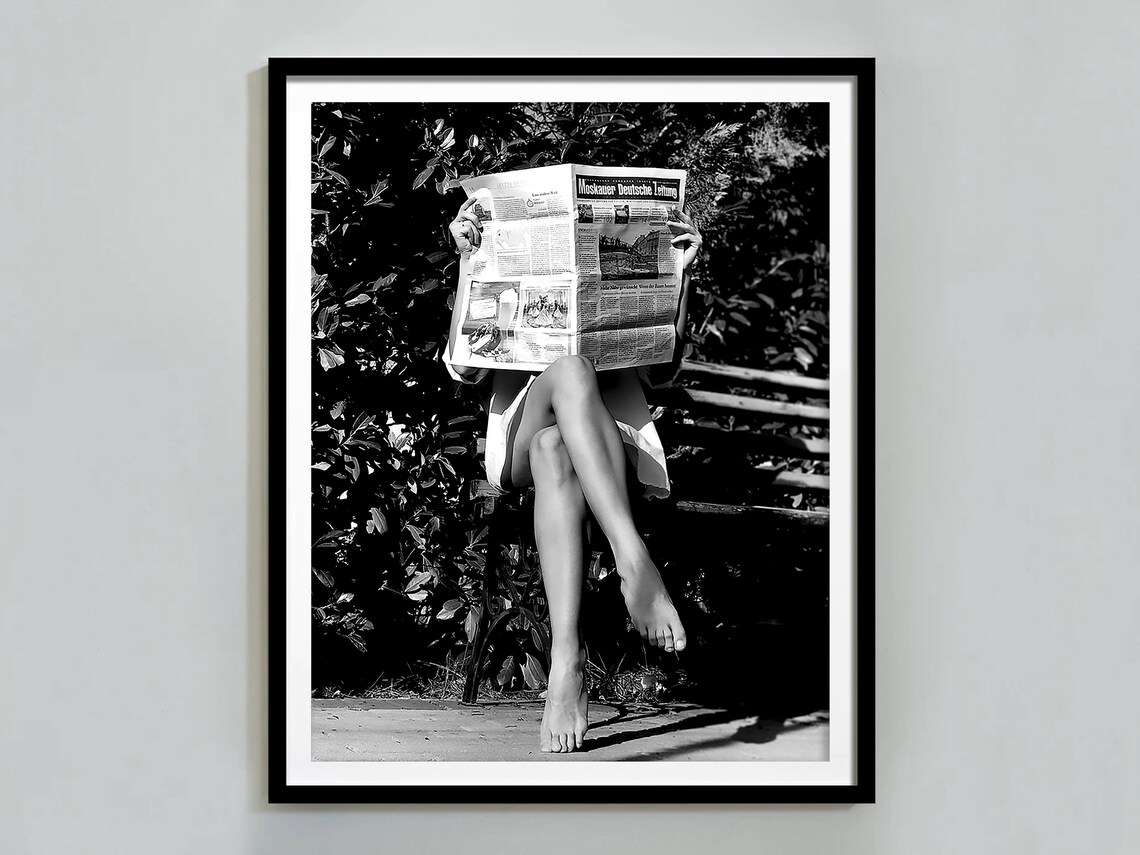 Woman Hiding Behind Newspaper On Park Bench Black And White Poster