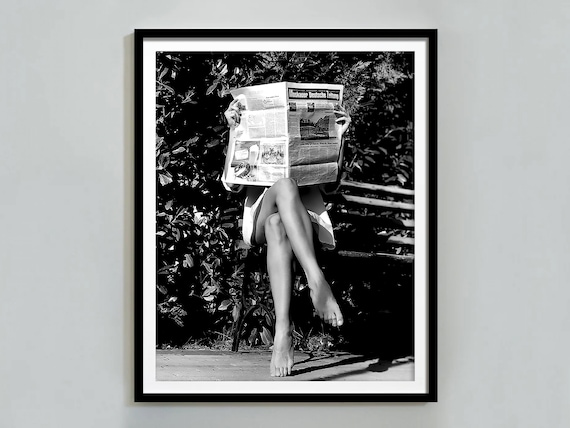 Woman Hiding Behind Newspaper On Park Bench Black And White Poster