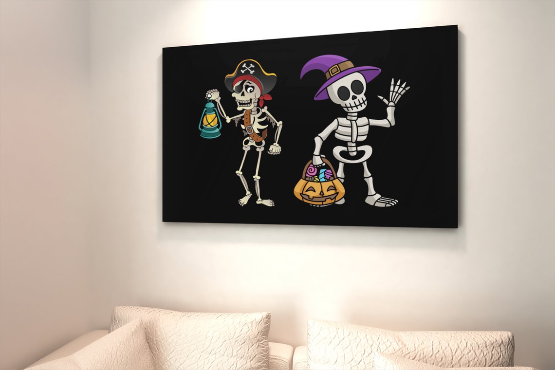 Halloween Skeleton Duo Pirate Witch Cartoon Spooky Poster Art